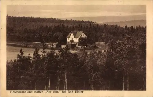 Ak Bad Elster im Vogtland, Restaurant und Kaffee Zur Alm, Wald, Panorama