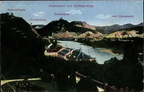 Ak Rolandseck Remagen am Rhein, Blick auf Siebengebirge, Drachenburg, Insel Nonnenwert