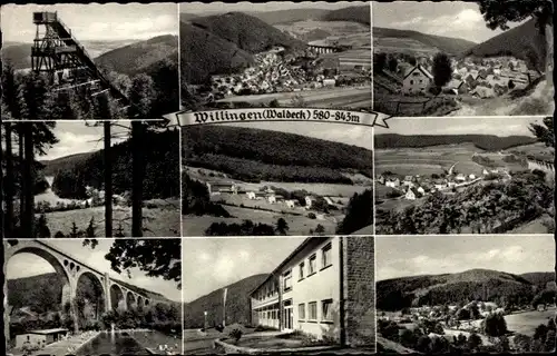 Ak Willingen im Upland Waldeck Hessen, Skischanze, Panorama, Brücke, Teilansichten