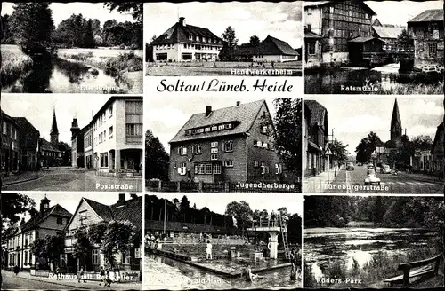 Ak Soltau Lüneburger Heide Niedersachsen, Handwerkerheim, Ratsmühle, Jugendherberge, Poststraße