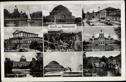 Ak Hannover, Stadthalle, Hauptbahnhof, Opernhaus, Georgstraße, Landes-Museum, Rathaus, Maschsee