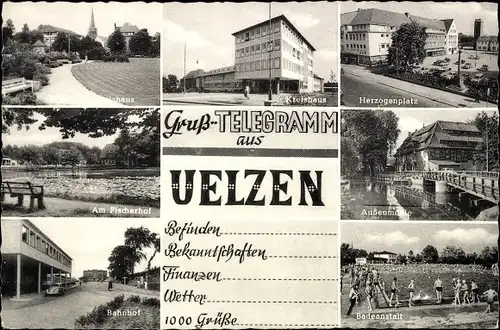 Ak Uelzen Niedersachsen, Herzogenplatz, Badeanstalt, Bahnhof, am Fischerhof, Kreishaus