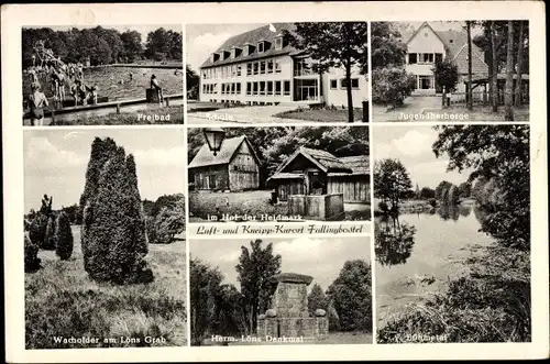 Ak Fallingbostel Lüneburger Heide, Freibad, Jugendherberge, Schule, Löns Denkmal, Hof der Heidmark