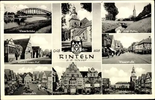 Ak Rinteln an der Weser, Nikolaikirche, Brücke, Marktplatz, Ratskeller, Alter Hafen, Münchhausen Hof
