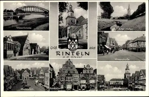 Ak Rinteln an der Weser, Nikolaikirche, Brücke, Marktplatz, Ratskeller, Alter Hafen, Münchhausen Hof