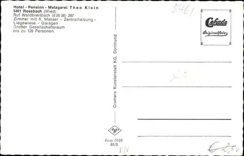 Ak Roßbach Rossbach an der Wied, Ortsansicht, Schwimmbad, Hotel Pension Metzgerei Theo Klein