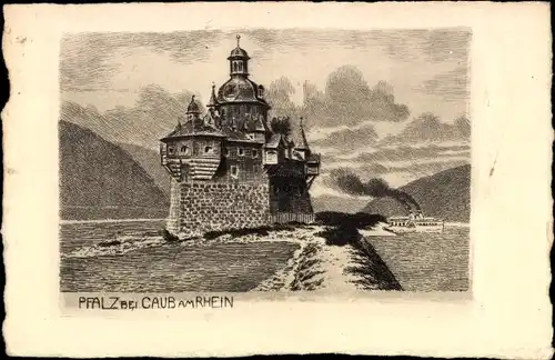 Künstler Ak Caub Kaub am Rhein, Burg Pfalzgrafenstein, Pfalz