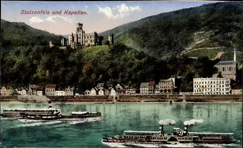 Ak Kapellen Stolzenfels Koblenz, Panorama, Dampfer