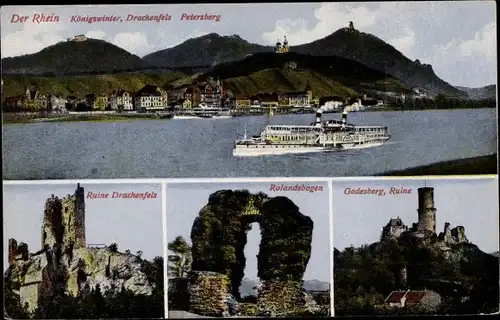 Ak Königswinter am Rhein, Drachenfels, Drachenburg, Petersberg, Rolandsbogen, Godesberg, Ruine