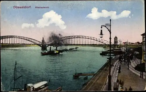 Ak Düsseldorf am Rhein, Rheinansicht, Brücke, Dampfer