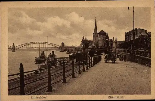 Ak Düsseldorf am Rhein, Rheinwerft, Brücke, Schiffe, Straßenbahn