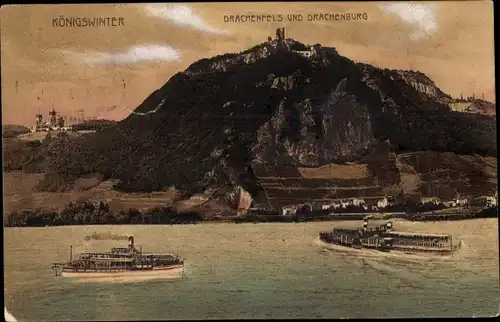 Ak Königswinter am Rhein, Drachenfels, Drachenburg, Panorama, Dampfer