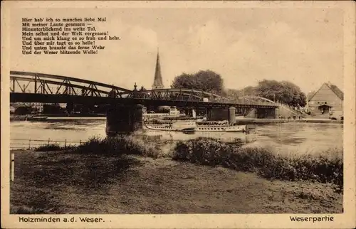 Ak Holzminden in Niedersachsen, Weserpartie, Dampfer, Brücke, Gedicht