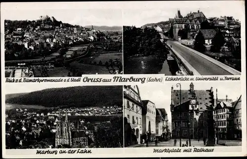 Ak Marburg an der Lahn, Marktplatz mit Rathaus, Lahnbrücke m. Universität u. Terrasse