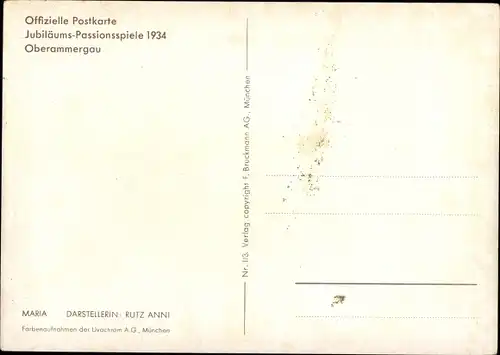 Ak Oberammergau in Oberbayern, Passionsspiele 1934, Anni Rutz als Maria
