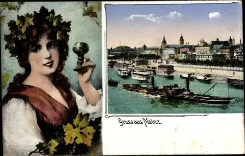 Ak Mainz in Rheinland Pfalz, Teilansicht der Stadt, Frau mit Weinglas