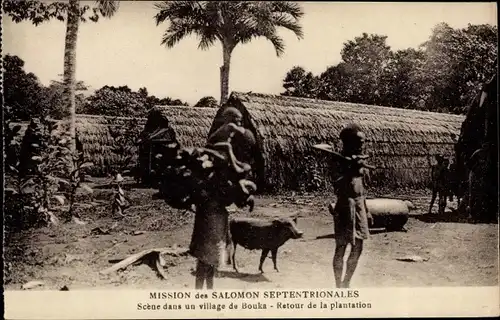 Ak Volkstypen Salomon Septentrionales, Scene dans un village de Bouka, Retour de la plantation