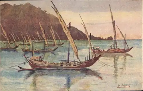 Künstler Ak Vietnam, Barques de pêche dans la baie de Ganray, Bucht, Fischerboote