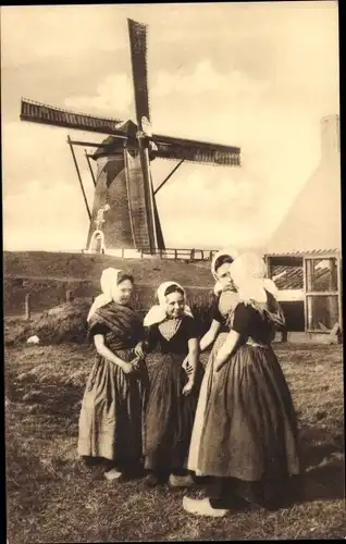 Ak Zeeland Niederlande, Walchersche Meisjes met Molenzicht, Mädchen, Windmühle