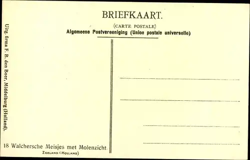 Ak Zeeland Niederlande, Walchersche Meisjes met Molenzicht, Mädchen, Windmühle