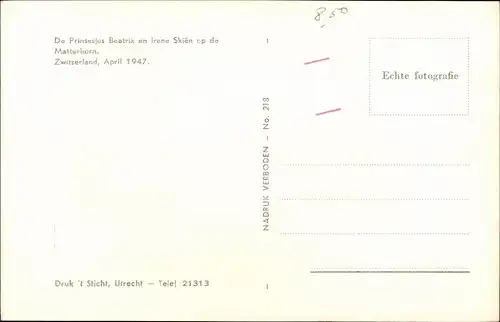Ak Prinzessin Beatrix der Niederlande, Prinzessin Irene, Matterhorn, Ski, Zermatt 1947