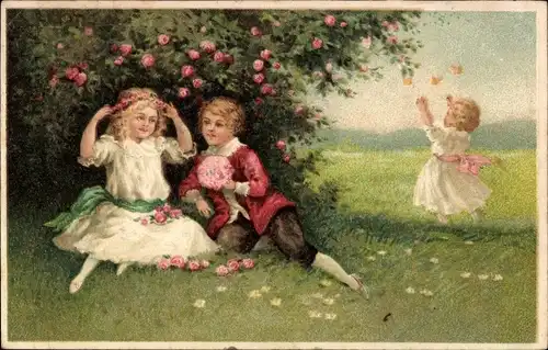 Künstler Ak Kinder auf einer Wiese, Rosenbusch