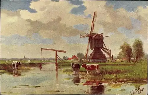 Künstler Ak Oudes, J., Landschaft mit Windmühle und Rindern, Klappbrücke