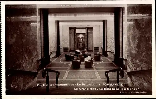 Ak Paquebot Normandie, CGT French Line, Le Grand Hall, la Salle a Manger, Dampfer, Innenansicht