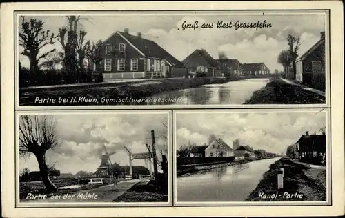 Ak Westgroßefehn Großefehn Ostfriesland, Gemischtwarengeschäft H. Kleen, Mühle, Kanal