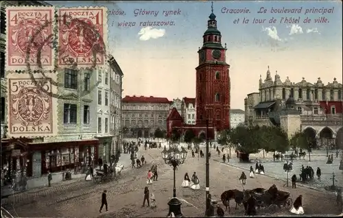 Ak Kraków Krakau Polen, Le boulevard principal et la tour de l'hotel de Ville