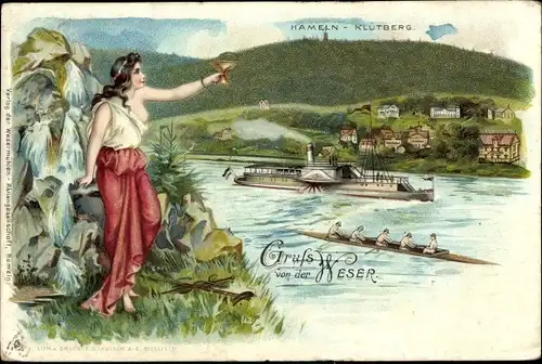 Litho Hameln an der Weser Niedersachsen, Klutberg, Salondampfer, Ruderer