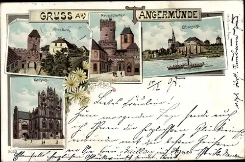 Litho Tangermünde an der Elbe, Rathaus, Neustädter Tor, Rossfurth, Elbansicht