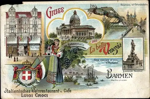 Litho Barmen Wuppertal, La bella Venezia, Italienisches Weinrestaurant, Ruhmeshalle, Schwebebahn