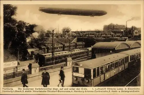 Ak Hamburg, Luftschiff Viktoria Luise, Eisenbahn, elektr. Vorortsbahn, Zentralbahn, Hoch u. U-Bahn