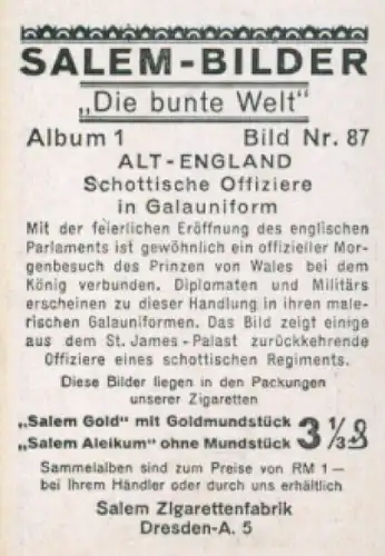 Sammelbild Die bunte Welt, Album 1 Bild 87, Alt England, Schottische Offiziere in Galauniform