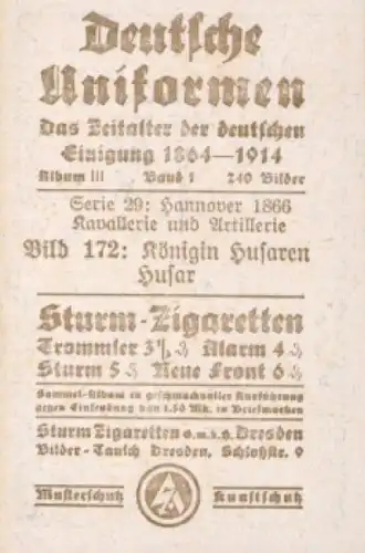 Sammelbild Deutsche Uniformen, Album III Band 1 Bild 172, Königin Husaren Husar