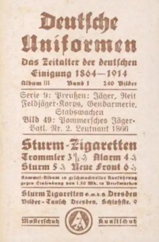 Sammelbild Deutsche Uniformen, Album III Band 1 Bild 49, Pomm. Jäger Batl. 2 1866