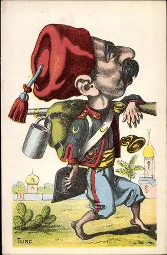 Künstler Ak Turc, Türkischer Soldat, Karikatur, Chaussures Sambain Toulon Rue Emile Zola