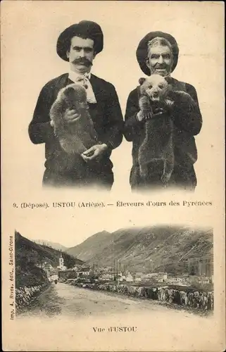 Ak Ustou Ariege, Eleveurs d'ours des Pyrenees, Stadtansicht, Männer mit Bären