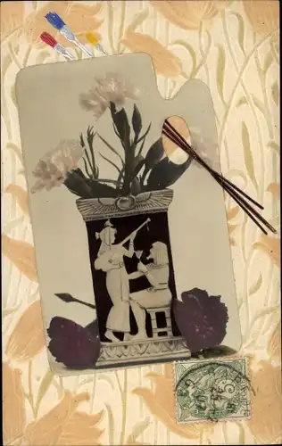 Präge Ak Staffelei und Pinsel, Blumenvase mit Nelken