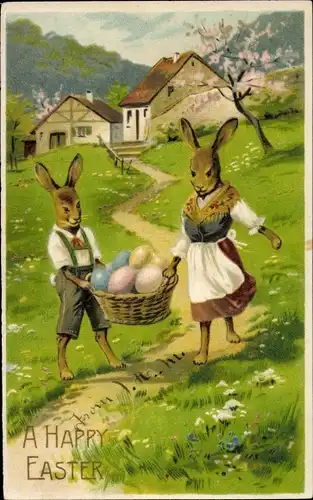 Präge Litho Glückwunsch Ostern, Vermenschlichte Osterhasen tragen Korb mit Eiern