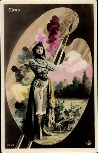 Passepartout Ak Tänzerin La Belle Otero, Portrait im Kostüm, Staffelei, Pinsel