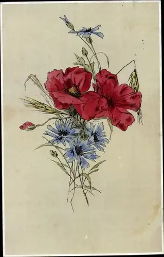 Ak Blumenstrauß mit Mohn und Kornblumen
