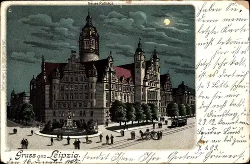 Mondschein Litho Leipzig in Sachsen, das neue Rathaus