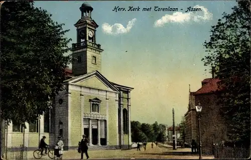 Ak Assen Drenthe Niederlande, Herv. Kerk met Torenlaan