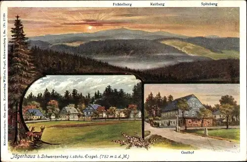 Künstler Ak Jägerhaus Schwarzenberg Sächs. Erzgebirge, Jägerhaus mit Gasthof, Spitzberg, Fichtelberg