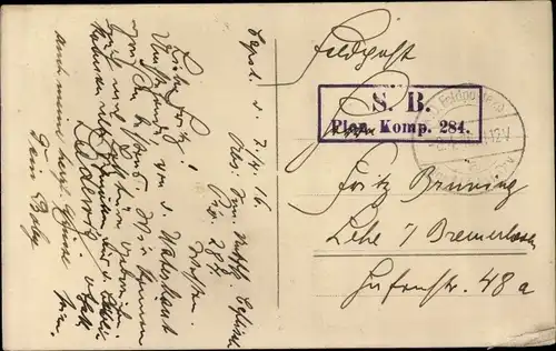 Ak Stempel Deutsche Feldpost 1. WK, 113. Inf. Div. Pion. Komp. 284