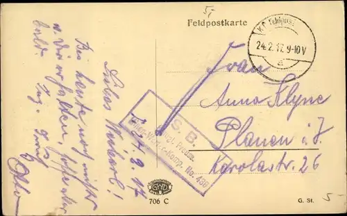 Ak Stempel Deutsche Feldpost 1. WK, Königl. Preuss. Minen Werfer Komp. No. 439