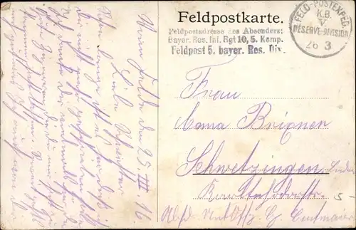 Ak Stempel Deutsche Feldpost 1. WK, K. B. V. Res. Div., Bayer. Res. Inf. Regt. 10, 5. Komp.