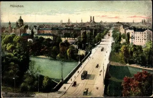 Ak München, Stadtansicht, Brücke, Straßenbahn